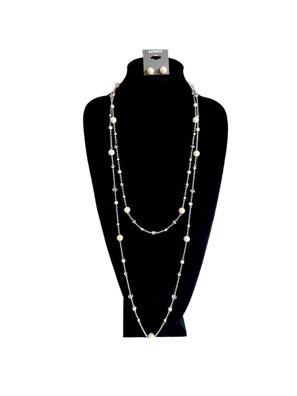 EXPRESS Silver Tone Pearl Station Necklace and Earrings Set NWT